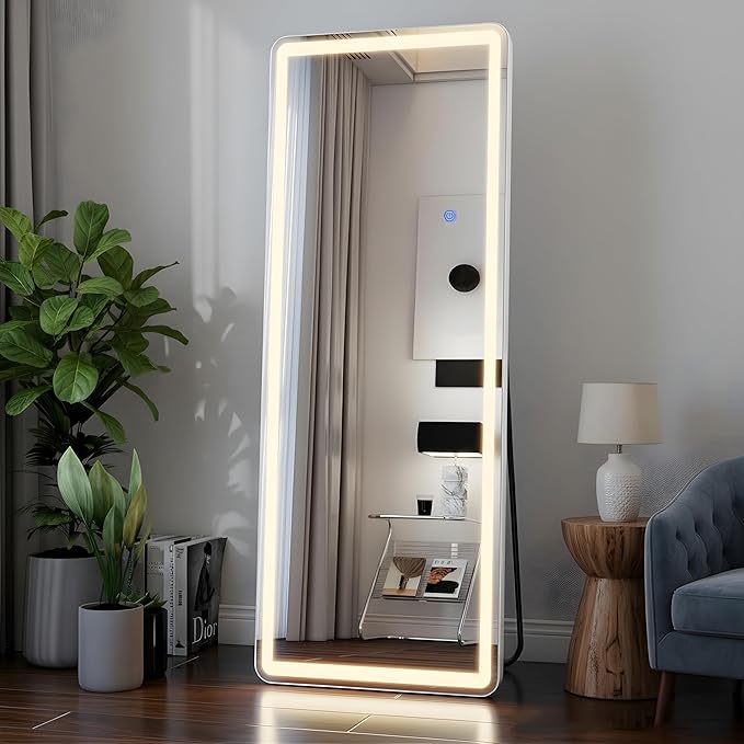 VooBang 65"x26" LED Full Length Mirror, Floor Body Mirror with Lights - 3 Color Modes, Standing Leaning Wall Mounted for Bedroom, Dressing Room White