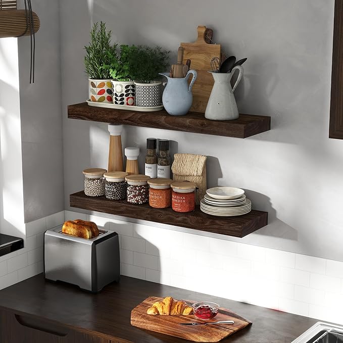 30 Inch Floating Shelves Set of 2, Rustic Solid Elm Wood Floating Shelf for Farmhouse, Living Room, Bedroom, Wall Mounted Bathroom Shelves Heavy-Duty Wall Shelf with Invisible Bracket, Walnut