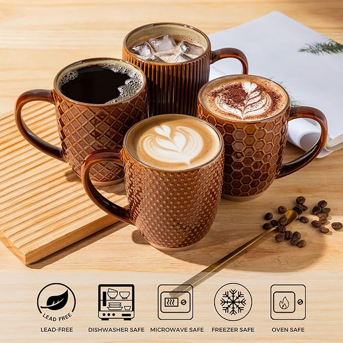 GBhome Large Coffee Mugs Set of 4, 16oz Handmade Embossed Coffee Mugs Set with Large Handle for Cappuccino/Latte/Tea/Hot Cocoa, Dishwasher & Microwave Safe, Caramel