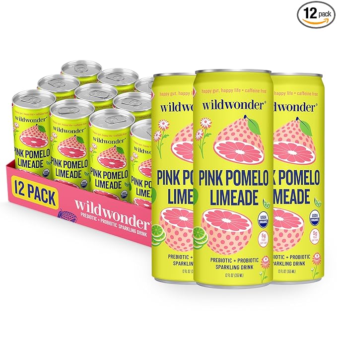 Wildwonder Sparkling Probiotic Drink, Pink Pomelo Limeade, Gluten Free, Vegan, Canned Soda with 5g of Prebiotic Fiber for Digestive & Immune Support, Low Sugar, Caffeine Free, 12 FL OZ Cans, 12 Pack