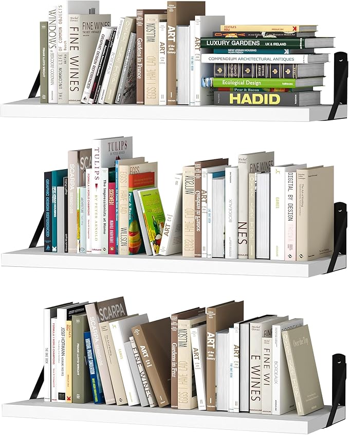 upsimples Floating Book Shelves for Wall, 23.6 Inches Floating Wood Shelves for Living Room, Laundry Room, Bedroom, Office Organizer and Storage, White