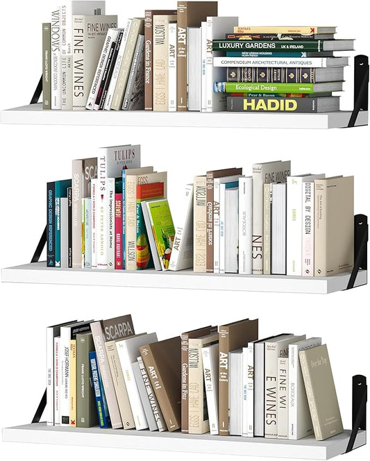 upsimples Floating Book Shelves for Wall, 23.6 Inches Floating Wood Shelves for Living Room, Laundry Room, Bedroom, Office Organizer and Storage, White