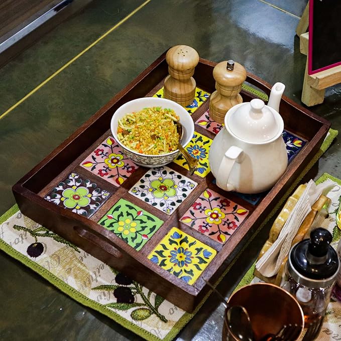 Craft Trade Mango Wood Serving Tray with Handle and 12 Fitted Floral Ceramic Tiles Wooden Platters Perfect for Breakfast Tea Coffee Snacks Dinner 38x30x8 cm Rectangle
