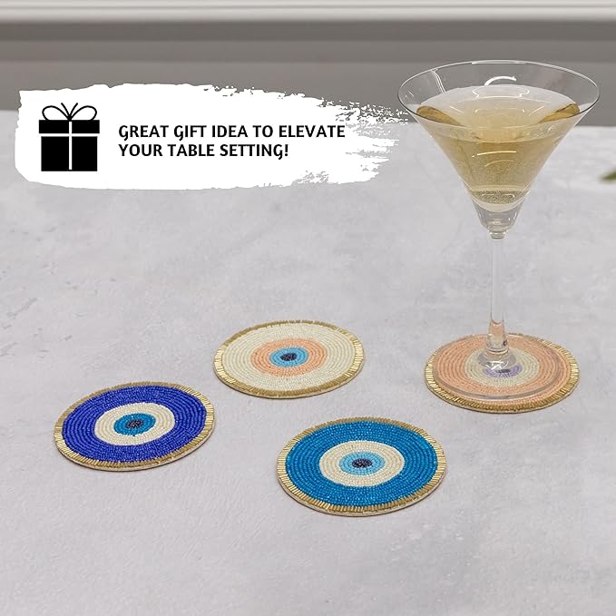 Folkulture Hand-Crafted Evil Eye Beaded Coasters Set of 4 | Handmade Round Drink Coasters for Coffee Table & Bar | Boho Modern Home Décor | Housewarming Gifts, Valentine Gifts