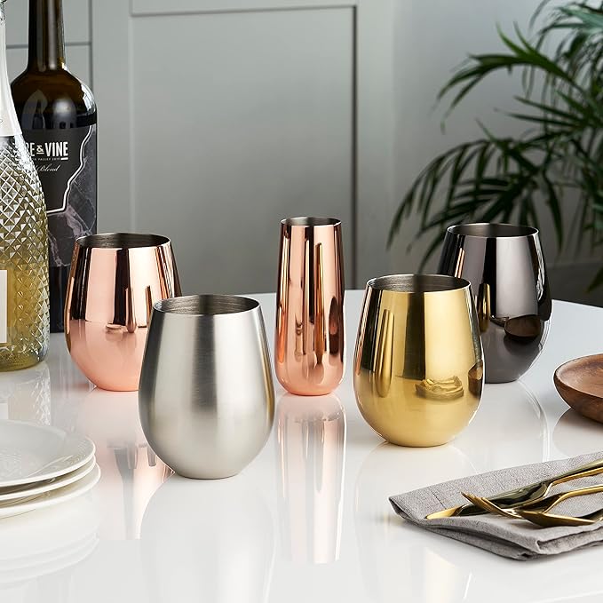 Viski Stainless Steel Wine Glasses, Modern Wine Tumblers, Elegant Drinking Glasses for Red and White Wines, Wedding Gifts, Holiday, Birthday Party, Home Bar, Drinkware Set of 2, 18 oz, Gold