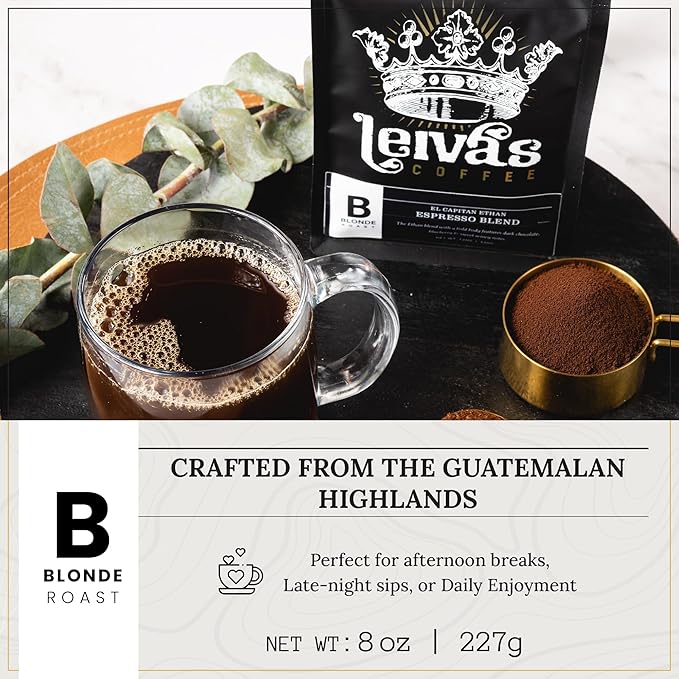 Leiva’s Ground Blonde Espresso (8oz), Roasted to Order, Micro-Lot Guatemalan Beans – El Capitan Elijah Espresso Coffee Ground w/Floral, Citrus & Caramel Notes - Low Acidity Blonde Roast