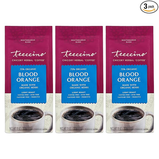 Teeccino Blood Orange Chicory Coffee Alternative - 11 Ounce - Ground Herbal Coffee That’s Prebiotic, Caffeine Free & Acid Free, Light Roast, (Pack of 3)