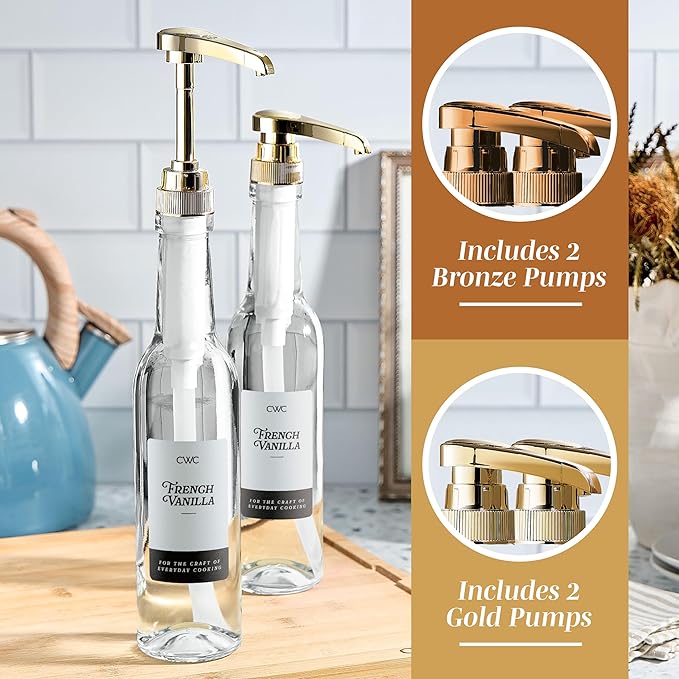 COOK WITH COLOR Glass Coffee Syrup Dispenser with Pump- Set of 2 Syrup Bottles for Coffee Bar, Decorative 350 ML Bottle with Ceramic Holder, Funnel, Labels and Extra Pumps, Clear