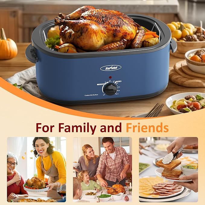 Sunvivi Electric Roaster, 26 Quart Electric Roaster Oven with Glass Lid, Turkey Roaster Oven Buffet with Self-Basting Lid, Removable Pan, Cool-Touch Handles, Blue