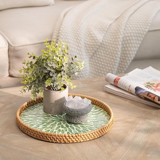 StorageWorks Decorative Coffee Table Trays for Home Decor, Round Rattan Tray with Mother of Pearl Inlay, Small Wicker Woven Serving Tray Decor for Kitchen Counter, Living Room and Ottoman, Green