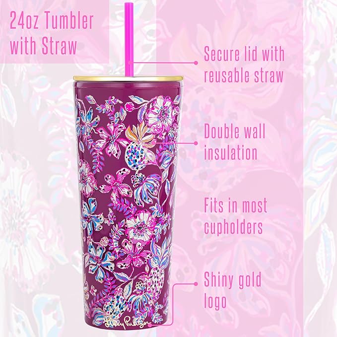 Lilly Pulitzer Double Wall Tumbler with Lid and Reusable Straw, Insulated Travel Cup Holds 24 Ounces, Amarena Cherry