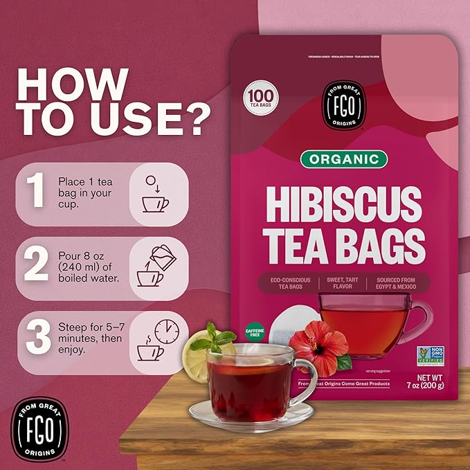 FGO Organic Hibiscus Tea, 100 Count, Eco-Conscious Tea Bags, Caffeine Free, Packaging May Vary (Pack of 1)