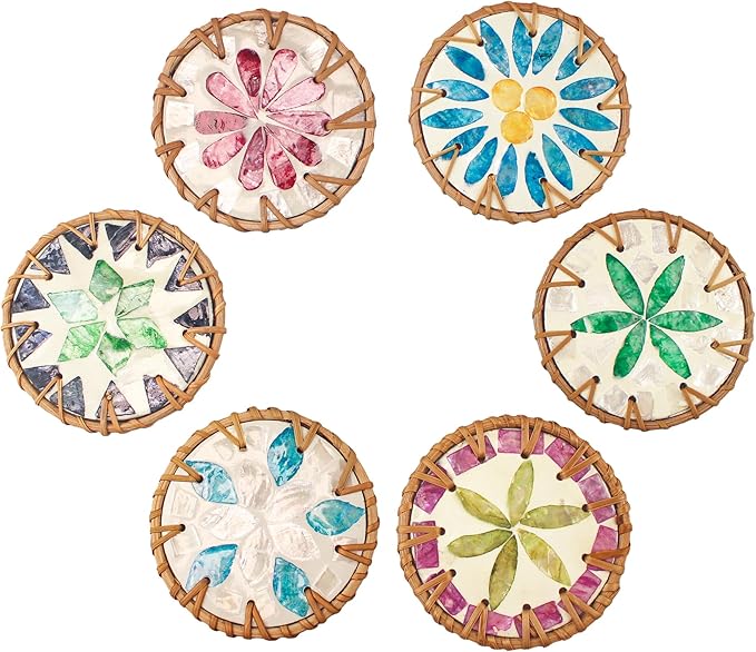 6PCS Pearl Rattan Coasters, Handmade Round Coaster, Colorful Shell Woven Coasters, for Cups, Desktop Protection, Decoration