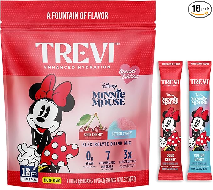 TREVI™ Sugar Free Electrolytes - Everyday Minnie Mouse Drink Mix Hydration Powder Packets - 18 Count - Cotton Candy, Sour Cherry