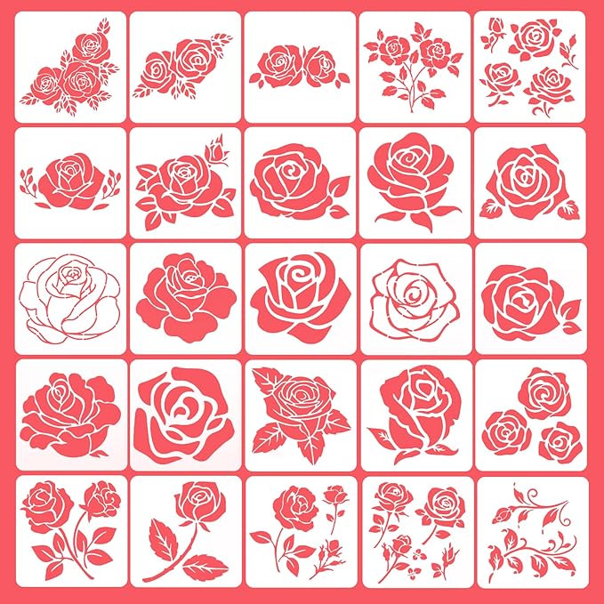 Rose Flower Cake Stencils Kit Reusable Floral Cookie Coffee Stencil Drawing Template for Valentines Day Dessert Buttercream Painting DIY Crafts Decor (25 Pcs)