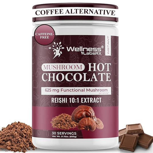 Mushroom Hot Chocolate Powder with Reishi 10:1 Extract, Hot Cocoa Powder Caffeine-Free Mushroom Coffee Alternative - Adaptogenic Superfood Drink for Focus, Relaxation, and Mood Support - 30 Servings