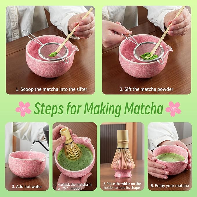 TEANAGOO Matcha Whisk Set,7 Pcs Matcha Set Pink,Ceremony Matcha Kit,Matcha Tea Set for Making Latte,Ceramic Bowl(chawan) whith Spout and Whisk,Gift for Matcha Lovers