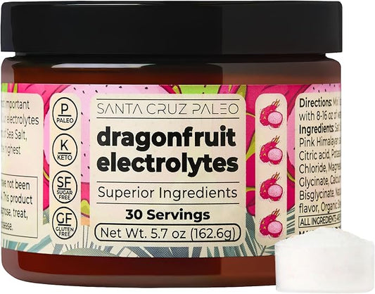 Santa Cruz Paleo Electrolyte Powder, Dragon Fruit Flavor, Sugar Free Hydration Drink Mix with Himalayan Pink Salt, Sea Salt, Magnesium Glycinate, Potassium Chloride, Sweetened with Stevia, 30 Servings