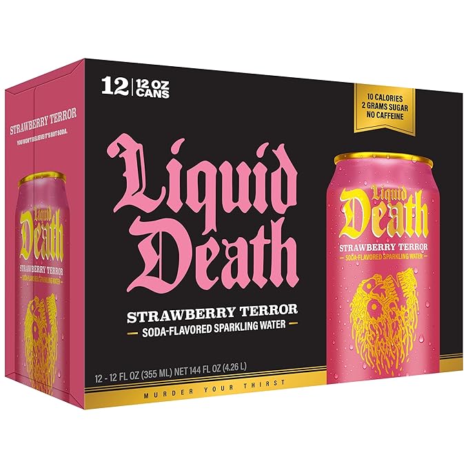 Liquid Death Soda-Flavored Sparkling Water - Strawberry Terror, Less Sugar*, Huge Flavor, No Caffeine, No Artificial Sweeteners, 12 Fl Oz (Pack of 12)