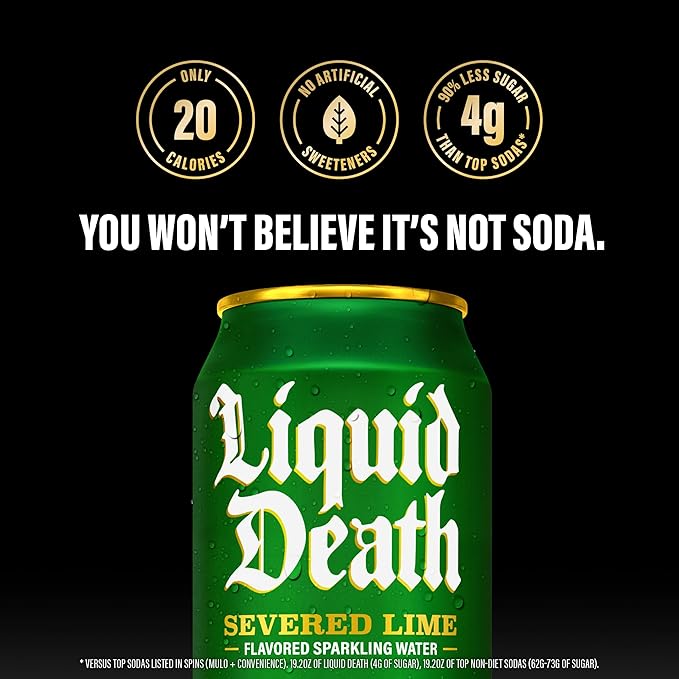 Liquid Death Soda-Flavored Sparkling Water - Severed Lime (Classic Lime Soda), Less Sugar*, Huge Flavor, No Artificial Sweeteners, King Size 19.2 Fl Oz (Pack of 12)