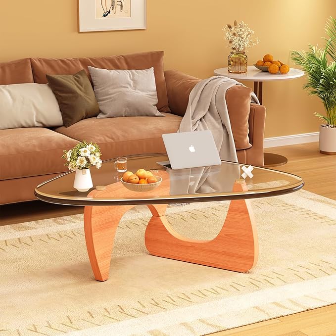 Coffee Table for Living Room Mid Century Modern Center Small Table with Glass Top and Wood, Walnut Transparent