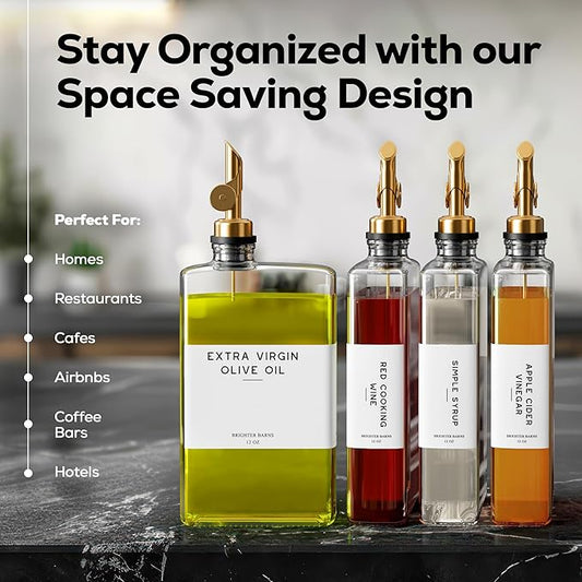 Glass Olive Oil Dispenser Bottle for Kitchen by Brighter Barns - Coffee Syrup Dispenser, Oil and Vinegar Bottle - Modern Kitchen Essentials for Restaurants, Coffee Bar, Airbnb (Clear/Gold, Set of 2)