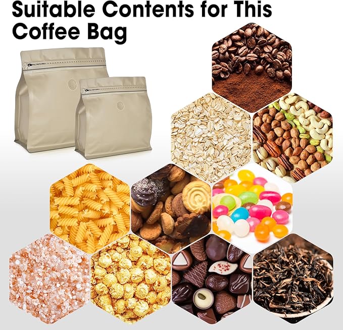 50 Count 16oz Coffee Bags with Valve,1lb Vented Coffee Beans Packaging Bags High Barrier Aluminumed Foil Flat Bottom Heat Sealed Side Zipper Resealable Storage Bag for Home or Business（Brown）