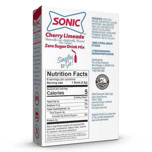 Sonic Singles To Go Powdered Drink Mix, Cherry Limeade, 6 Sticks Per Box, 12 Boxes (72 Sticks Total)