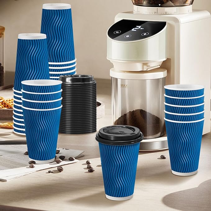 Clawsoff 500 Pack Coffee Cups with Lids 16oz, Disposable Insulated Ripple Wall To Go Paper Coffee Cups for Hot/Cold Drinks Office Home Shop Event (Navy)