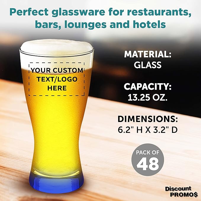 Custom Pilsner Glasses 13.25 oz. Set of 48, Personalized Bulk Pack - Made in the USA, Perfect for Hotels, Restaurants, Bars and Even Party Favors - Blue