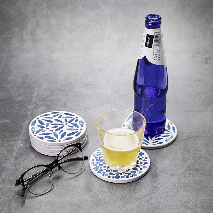 AD Set of 6 Coasters for Drinks Absorbing Round Ceramic Stone Coaster with Cork Base,Tabletop Protection Mat for Mugs and Cups,Office,Kitchen (Indigo Blue)