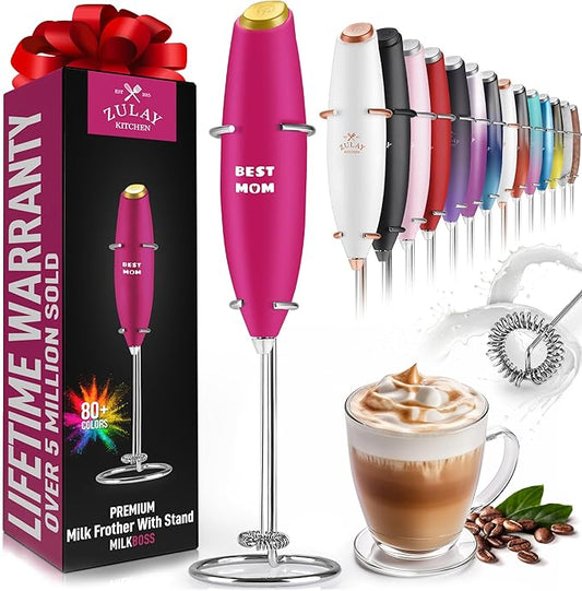 Zulay Powerful Milk Frother Handheld Foam Maker for Lattes - Whisk Drink Mixer for Coffee, Mini Foamer for Cappuccino, Frappe, Matcha, Hot Chocolate by Milk Boss (Best Mom)