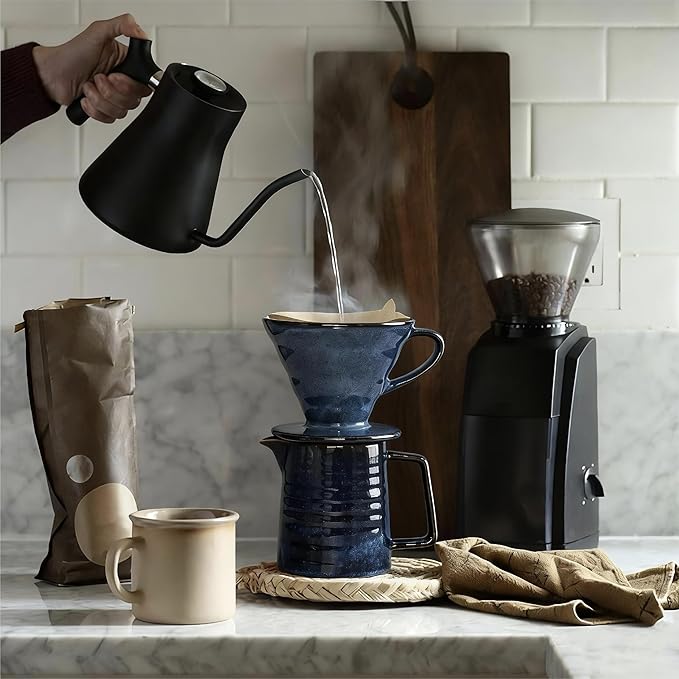 Vintage Ceramic Pour Over Coffee Maker with V60-Style Dripper and 40 Paper Filters (Blue)