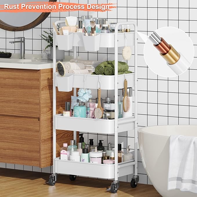 4 Tier Rolling Cart Metal with Wheels, White Four Tiered Rolling Storage Cart on Wheels, Utility Roller Carts Organizer for Art, Craft, Baby Diaper Caddy, Snack, Book, Large-Capacity Shelving Units