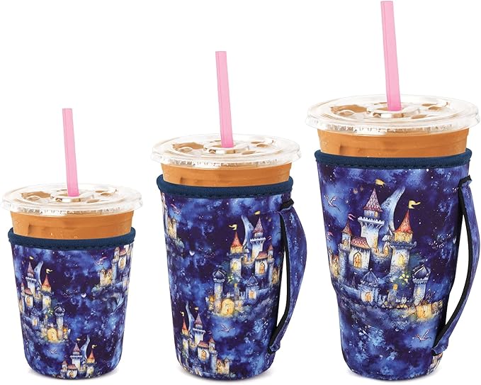 3 Pack Iced Coffee sleeve Insulated Neoprene Cup Sleeves with handle For Cold Drinks Beverages, Reusable Cup Holder for 16oz-32oz Coffee Cups (Castle in the Sky)