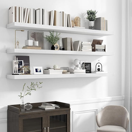 72 inch Floating Shelves for Wall, 12 Inch Deep Floating Shelf, Hanging Shelf with Invisible Brackets, Rustic Wooden Wall Shelves for Bathroom, Bedroom, Living Room,Farmhouse Set of 1,White