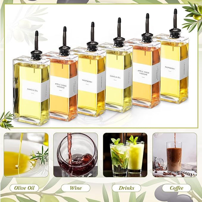 6 Sets Olive Oil Dispenser Bottles for Kitchen with Nozzles Funnel Labels Cooking Oil Dispenser 500ml Set for Kitchen Vinegar Coffee Syrup (Black)