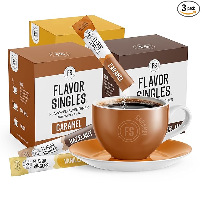 Flavor Singles Variety (Vanilla, Hazelnut & Caramel) Powdered Coffee & Tea Sweetener Packets, Travel Ready Single-Serve Syrup Alternative, 30 Count (Pack of 3)