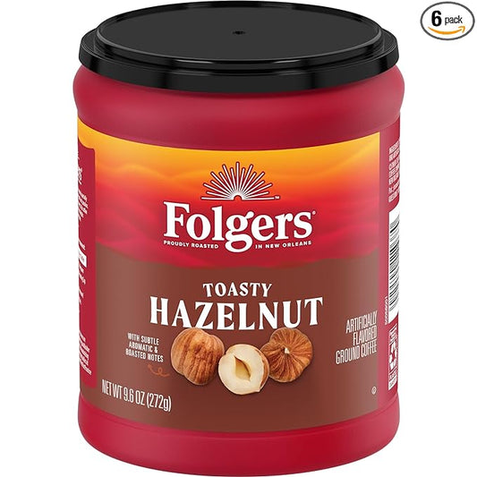 Folgers Toasty Hazelnut Flavored Ground Coffee, Medium Roast 9.6 Ounce Canister (Pack of 6)