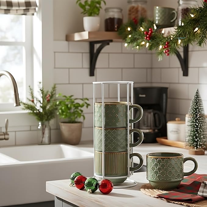 JIEMEI HOME Large Ceramic Coffee Mug Set of 4 with Stand, 15 Oz Stackable Embossment Ribbed Latte Cup Set for Cappuccino, Latte, Tea, Hot Cocoa, Drinks - Dishwasher & Microwave Safe, Vintage Turquoise