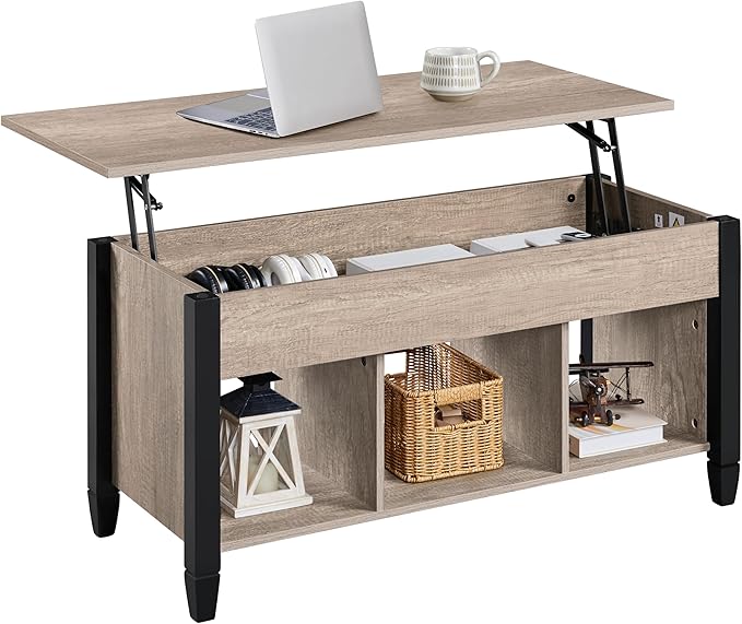 Yaheetech Gray Coffee Table, Lift Top Coffee Table with Hidden Compartment & Shelf, Lift Up Dining Table for Living Room Reception, Retro Central Table with Wooden Lift Tabletop, 41 inch L