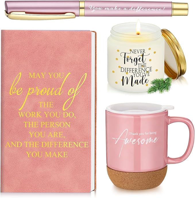 4 Pcs Thank You Gift Set for Women Men Coworker Employee Inspirational Appreciation Gifts Notebook Coffee Mug Scented Candle Pen for Valentine's Day Team Office Staff Teacher Nurse(Pink)