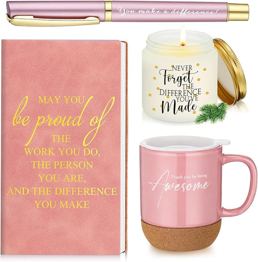 4 Pcs Thank You Gift Set for Women Men Coworker Employee Inspirational Appreciation Gifts Notebook Coffee Mug Scented Candle Pen for Valentine's Day Team Office Staff Teacher Nurse(Pink)