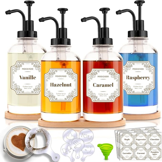 Glass Coffee Syrup Dispenser for Coffee Bar - Set of 4 Black 16.9 oz / 500 ml Glass Syrup Bottles, Includes 2 Bamboo Trays, 16 Stencils, Labels, Syrups Pumps