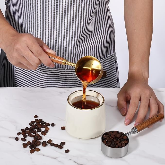 2 PCS Stainless Steel 1/4 Cup Scoop with Wooden Handle, Measuring Cups Metal Measuring Spoons and Cups 60 ML Dog Food Measurings Cup for Coffee, Kitchen, Cooking & Baking, Gold and Silver