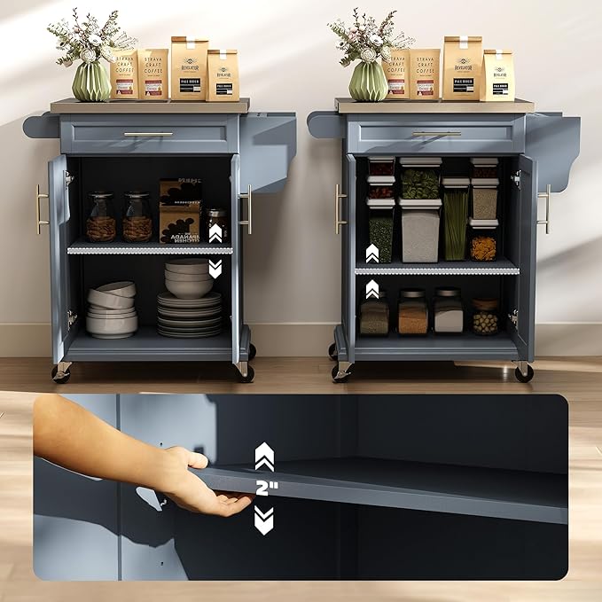HOMCOM Kitchen Island on Wheels, Rolling Kitchen Cart with Stainless Steel Countertop, Drawer, Towel Rack and Spice Rack, Utility Storage Trolley, Deep Blue