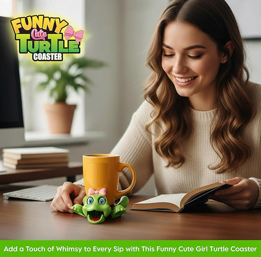 Funny Turtle Coaster, Cute Turtle with Pink Bow & Funny Face Expression,Turtle Cup Holder, Coaster for Desk & Home Decor, Gag Gift for Tortoise Lovers