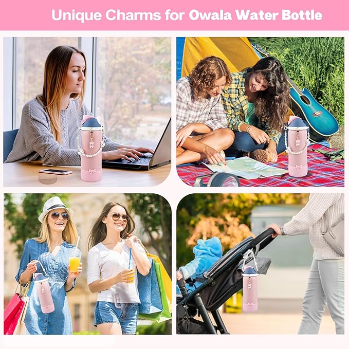 Water Bottle Accessories Set for Owala FreeSip 24oz、32 oz– Includes Pearl Handle Strap, Bow Charms,2.9in .3inch Silicone Bling Boot for Owala Accessories for Women