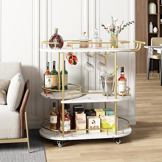 GarveeHome Gold Bar Carts with 4-Tiers Storage Shelves，Mobile Bar Seving Carts On Wheels with Wine Rack and Glass Holder for Kitchen, Dining Room, Living Room-Gold+White