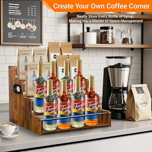 YQBRAO 4-Tier Liquor Bottle Display Shelf, Coffee Syrup Rack Organizer, Water Bottle Organizer, Mini Bar Cabinet, Rustic Bar Shelves for Liquor Whiskey, Spirits